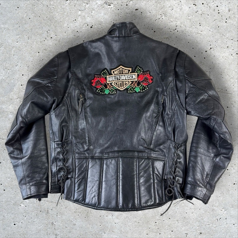 Vintage Women's Leather Biker Jacket Sz 44 (Large) Harley/Biketober Patches Moto
